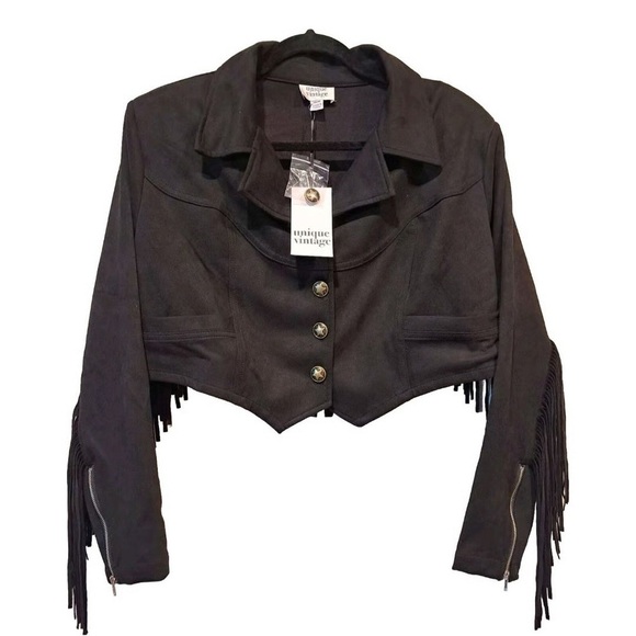 Unique Vintage 70s Faux Suede Fringe Cattle Call Crop Jacket Black Sz 1X/16 - Picture 1 of 9